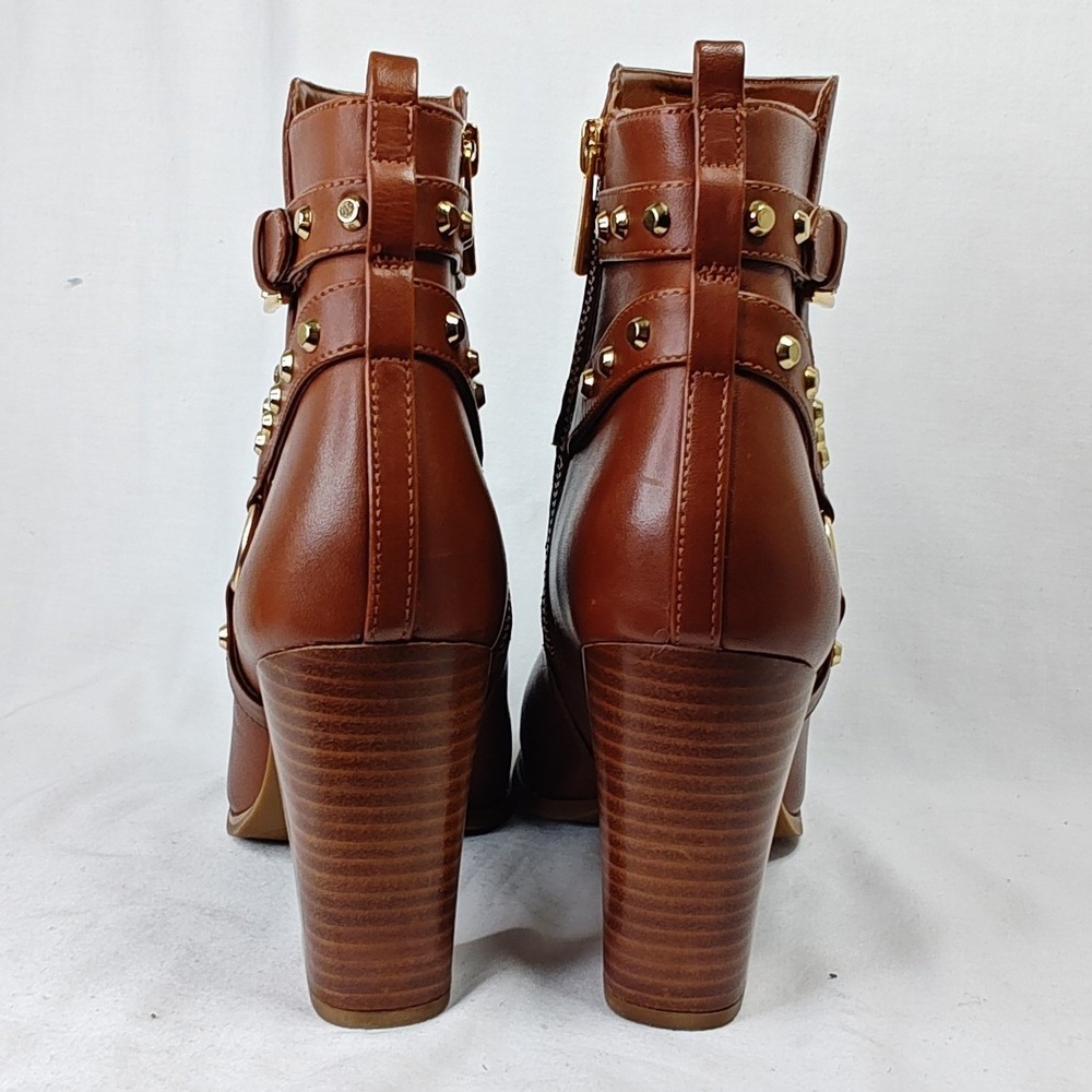 Michael Kors Kincaid Ankle Boots Brown Leather Studded Block Heel Logo 9M - Picture 6 of 9
